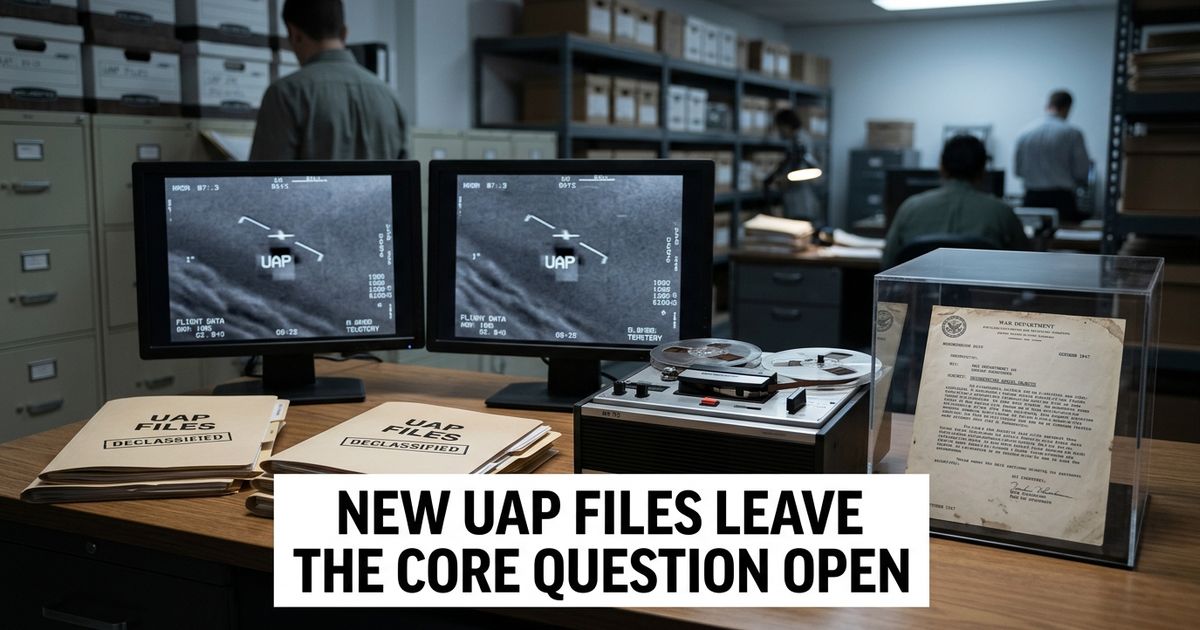 Pentagon UAP files displayed as declassified documents, infrared videos and historical military records in an analysis room.