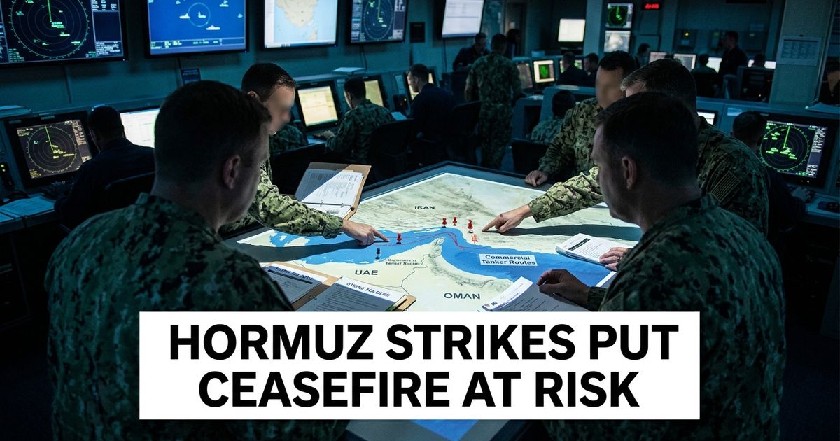 U.S. Iran Hormuz strikes article image showing a naval operations room with tanker route maps.