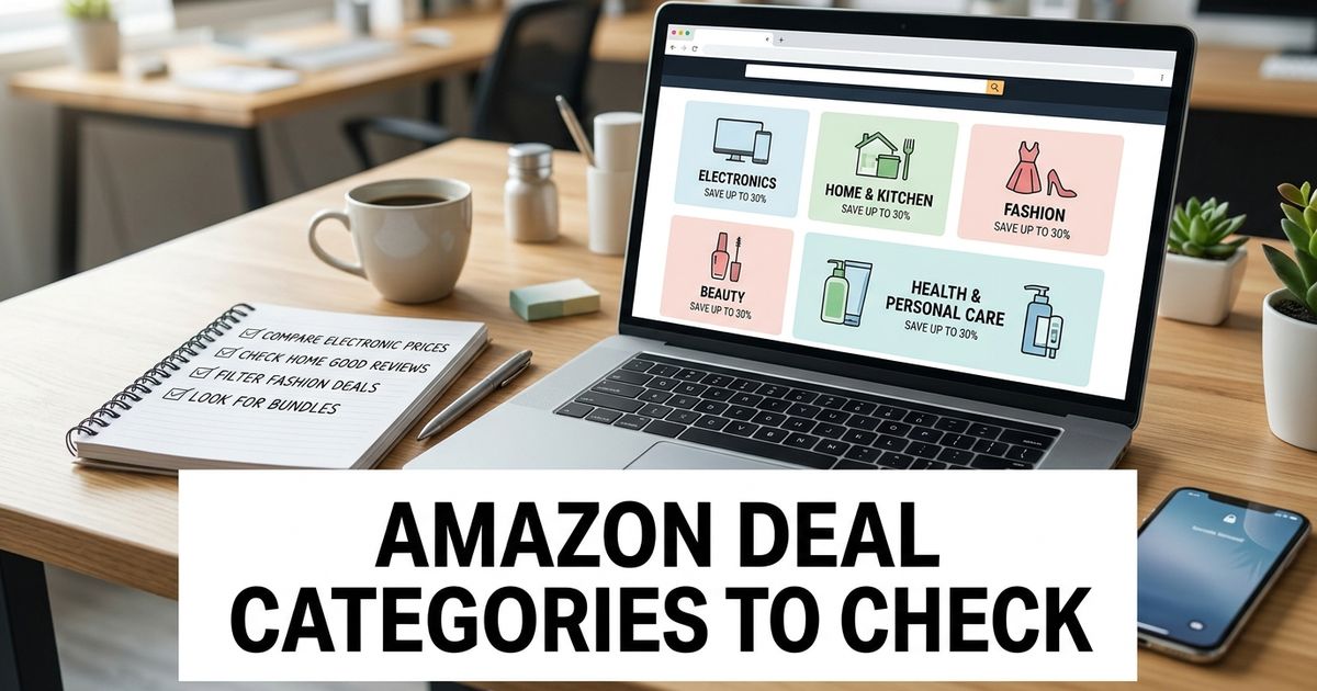 Amazon Today’s Deals US and UK category guide shown through a laptop, shopping checklist and deal categories.