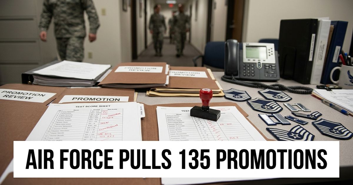 Air Force promotion error article image showing promotion folders, score sheets and rank insignia in a personnel office.