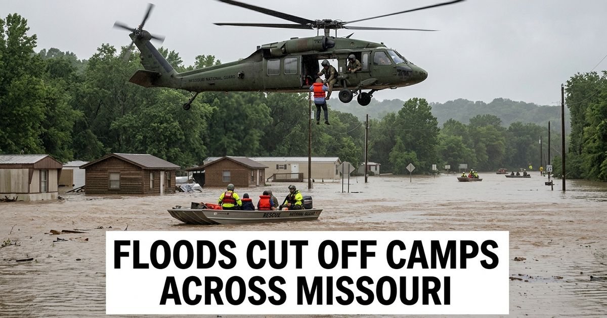 Missouri flash flooding rescue with helicopters, boats and rural camps cut off by submerged roads.