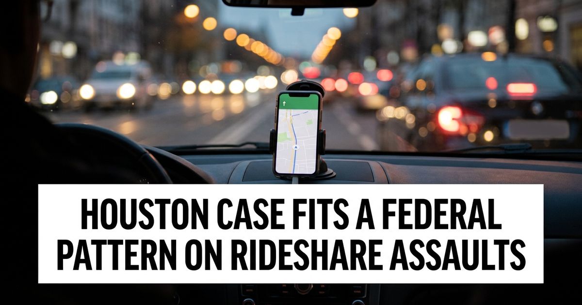 Rideshare vehicle dashboard at dusk representing the Houston Uber driver charges case