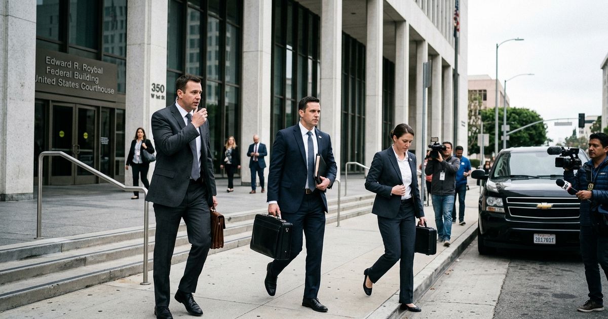 Federal agents outside the US District Court in Los Angeles as hospice fraud charges are filed against Oren David Shachar and others.