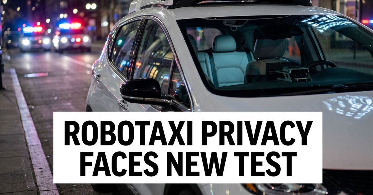 Driverless robotaxi parked near a curb with blurred police lights and an empty rear seat visible.