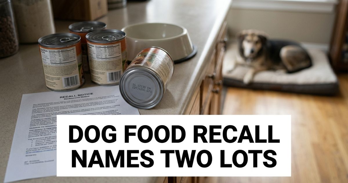 Pedigree dog food recall cans on a kitchen counter with a recall notice and dog bowl in the background.