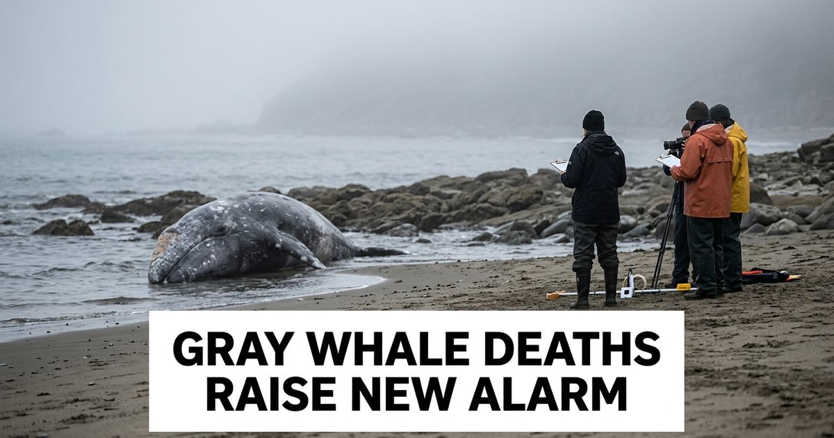 Gray whale near a Pacific shoreline with marine researchers watching from a safe distance.