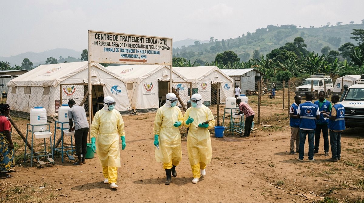 Ebola outbreak in Congo with health workers outside treatment centre