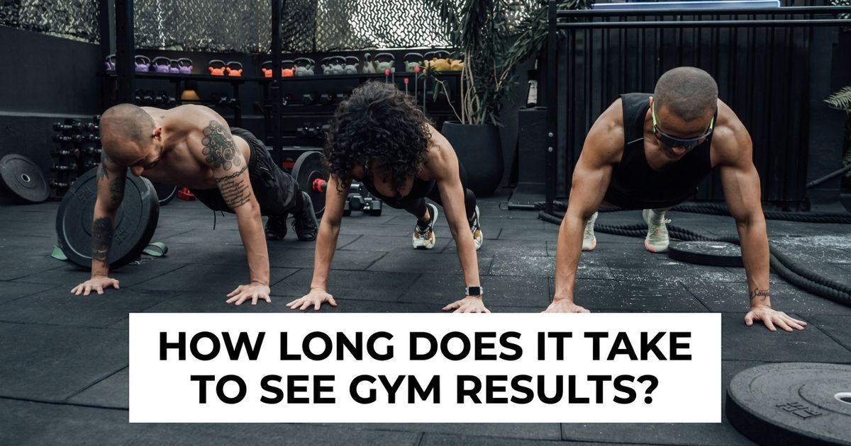 How long to see workout results shown through a fitness journal, dumbbells and a workout calendar.