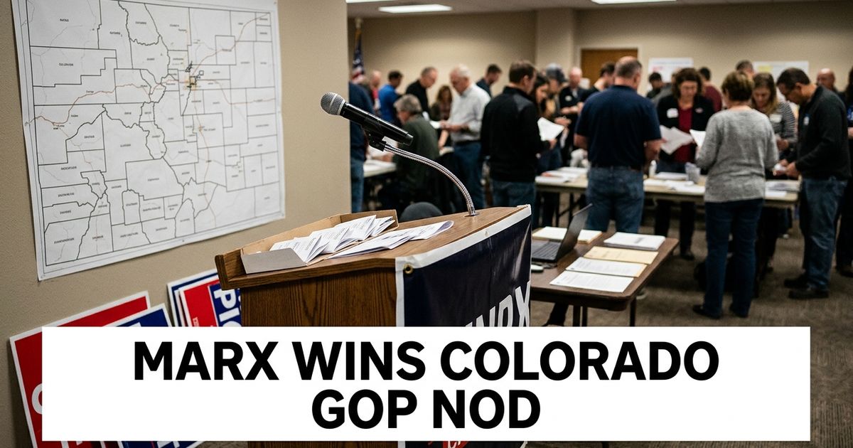 Colorado campaign podium with ballots, state map and election-night signs after a governor primary.