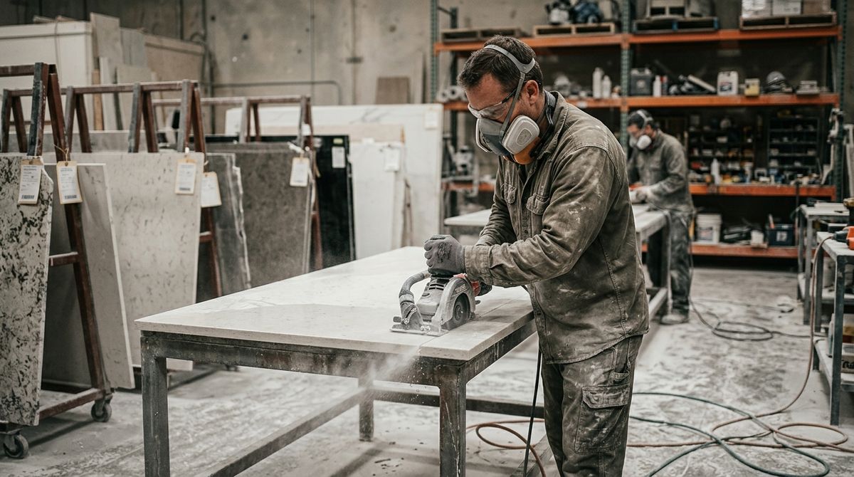Countertop worker cutting quartz stone — silicosis cases among US fabrication workers have exceeded 480 in California alone.