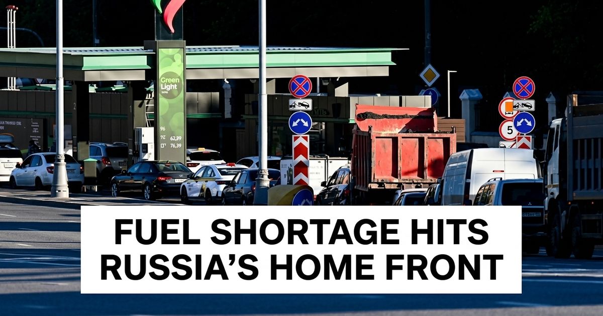 Russian fuel shortage article image showing cars queuing at a fuel station with covered pumps.