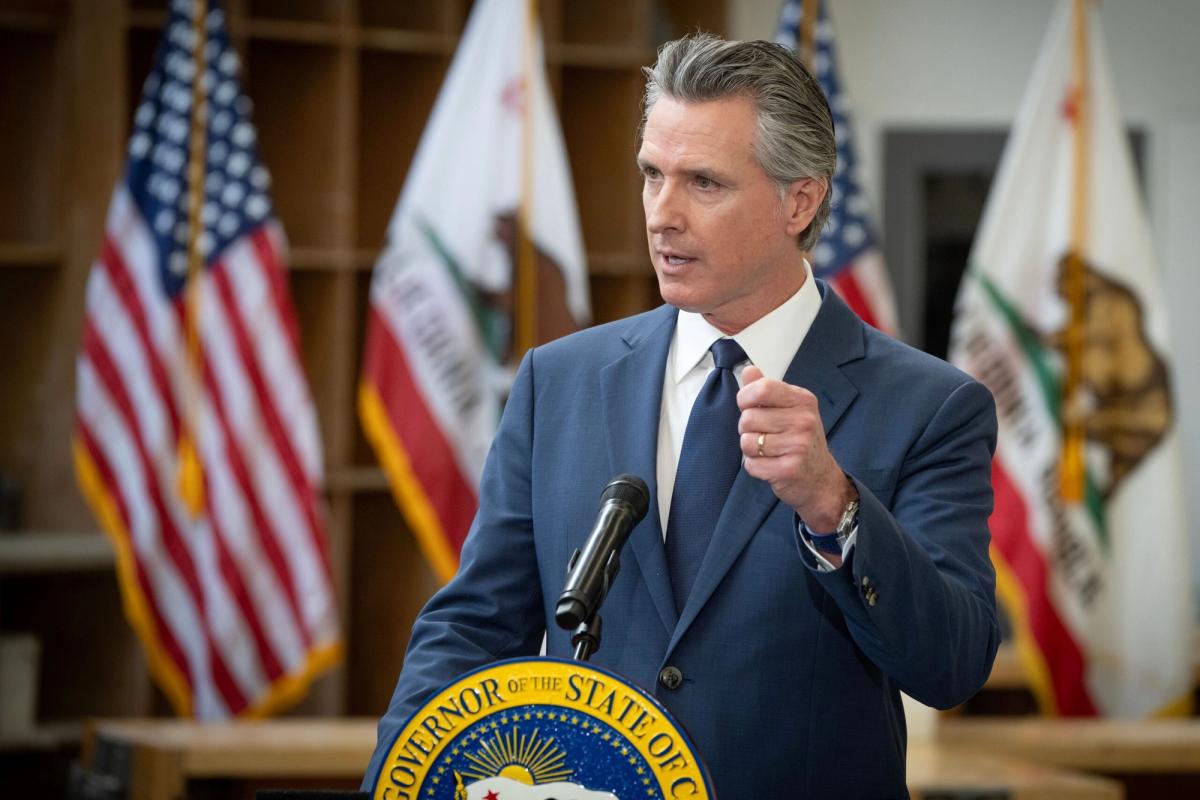 Gavin Newsom speaks during the Newsom DOJ investigation dispute involving Donald Trump.