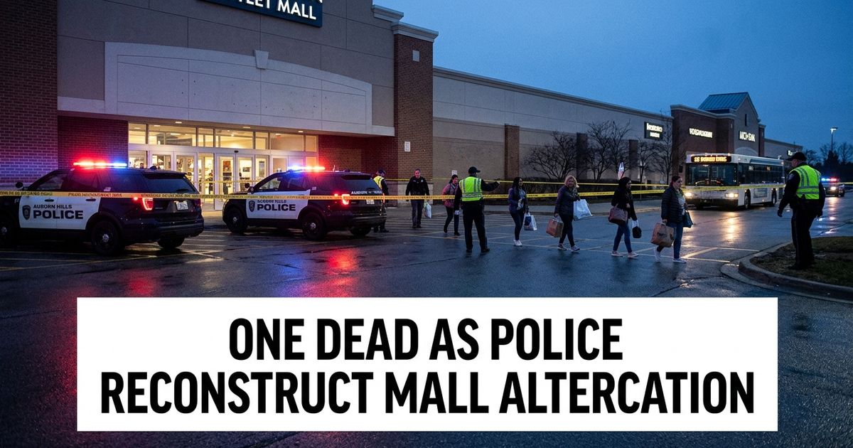 Great Lakes Crossing shooting investigation with police vehicles and evidence tape outside the Auburn Hills mall.