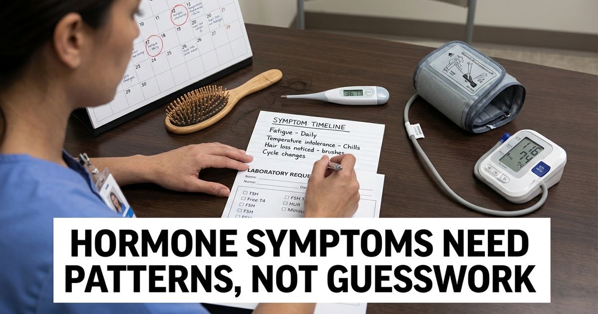 Signs you have a hormone imbalance represented by a symptom calendar, hair changes, temperature tracking and a clinician reviewing tests.