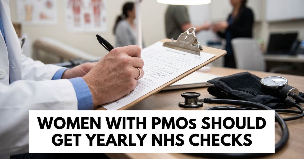 Doctor's clipboard and stethoscope on a clinic desk, representing new NICE guidance on annual PMOS health checks