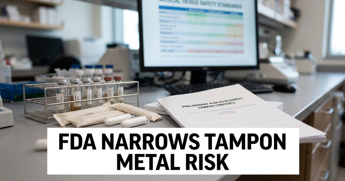 Laboratory bench with tampon samples, testing vials and a medical-device safety report.