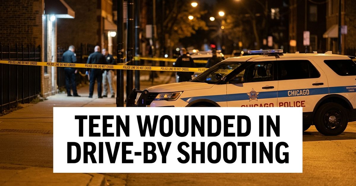 Portage Park drive-by shooting represented by a Chicago police car near a taped-off street at night.