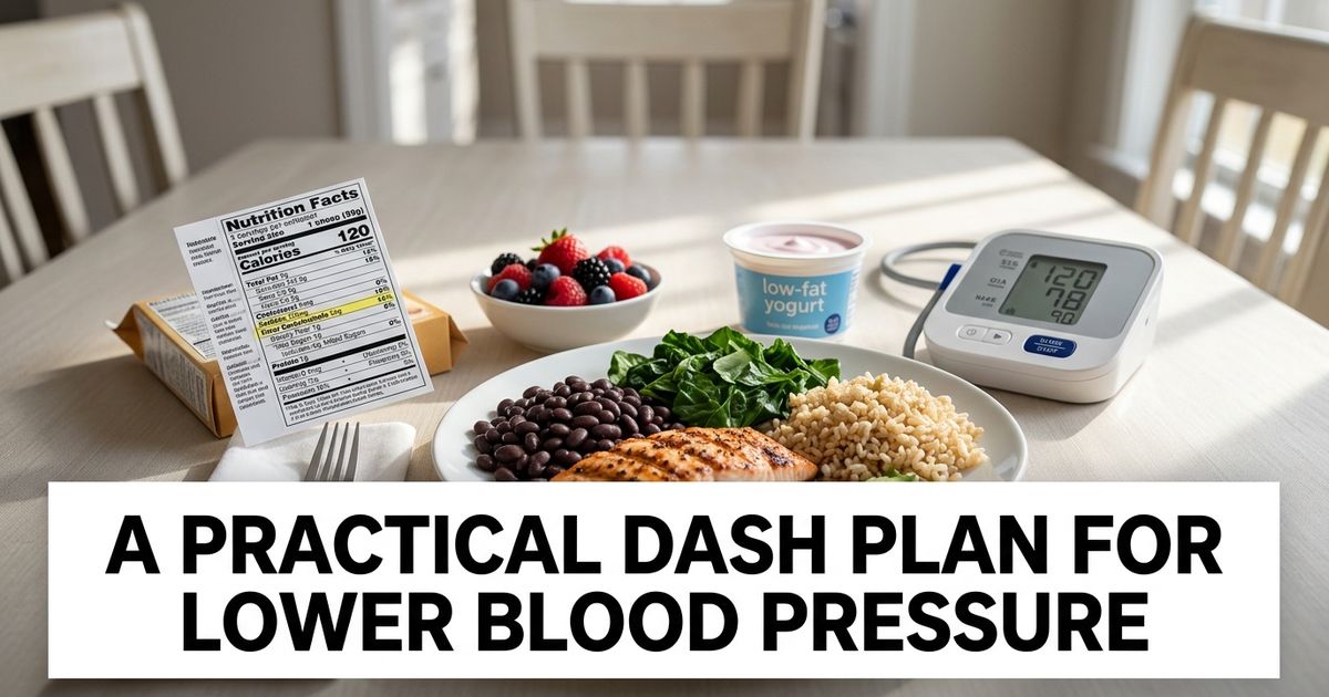 Best diet for high blood pressure shown as a DASH meal with vegetables, whole grains, beans, fish and a sodium label.