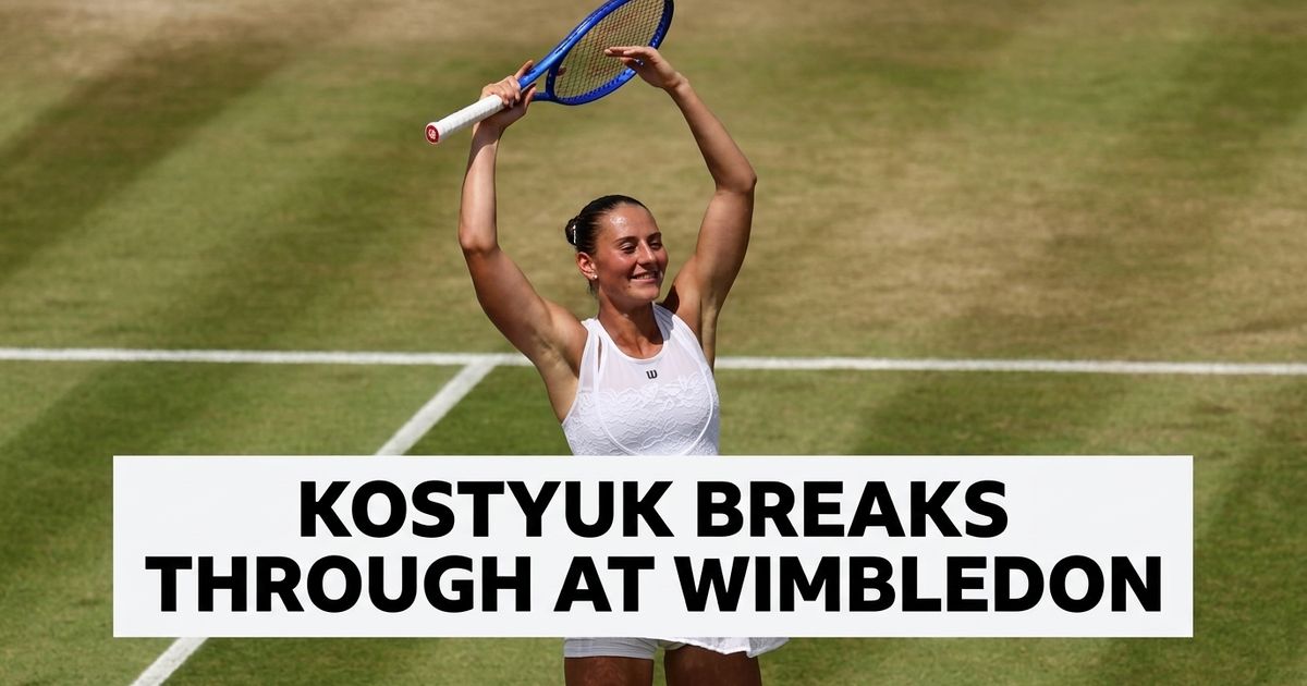 Marta Kostyuk Wimbledon semi-final article image showing a tennis player celebrating on a grass court.