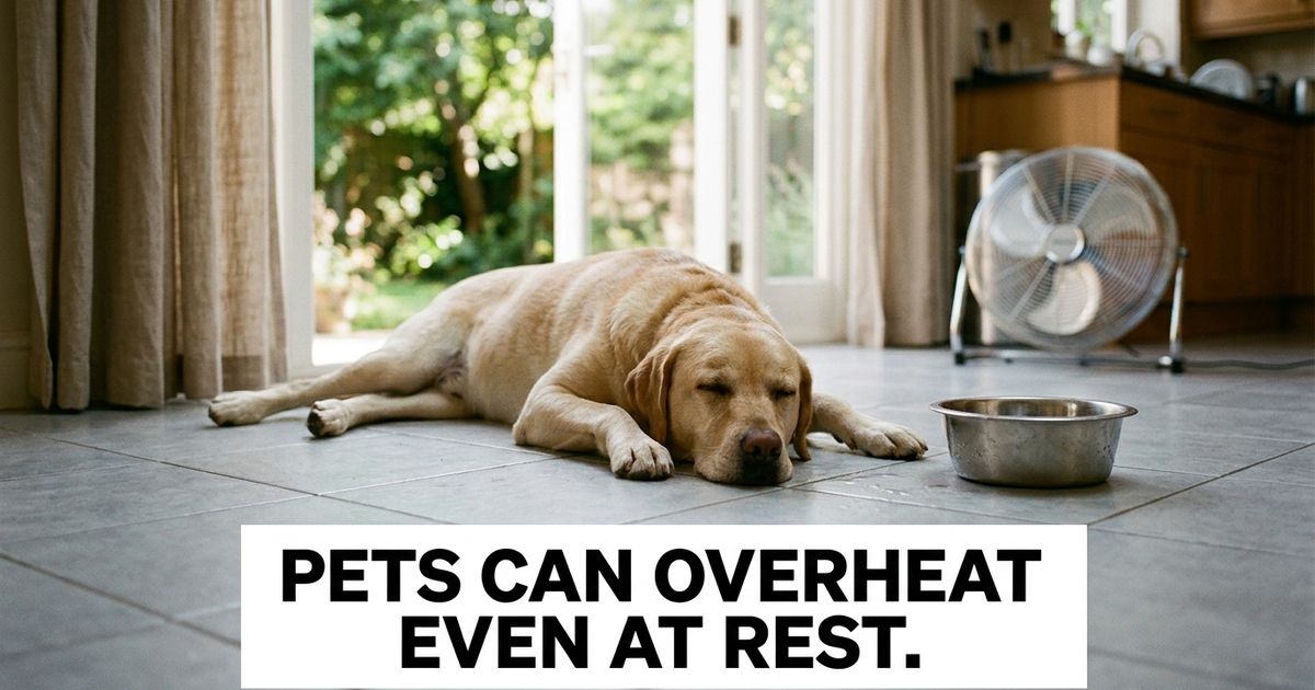 Dog resting indoors near water and a fan during a heatwave warning about pet heatstroke risk.