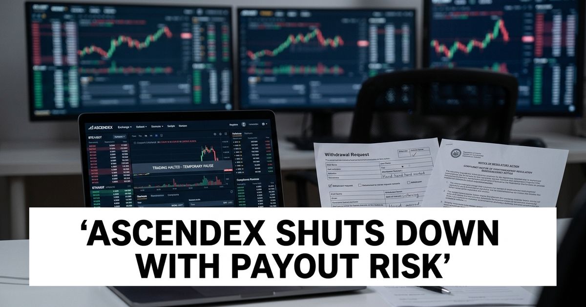 Crypto exchange shutdown image showing withdrawal documents, a laptop dashboard and market charts.