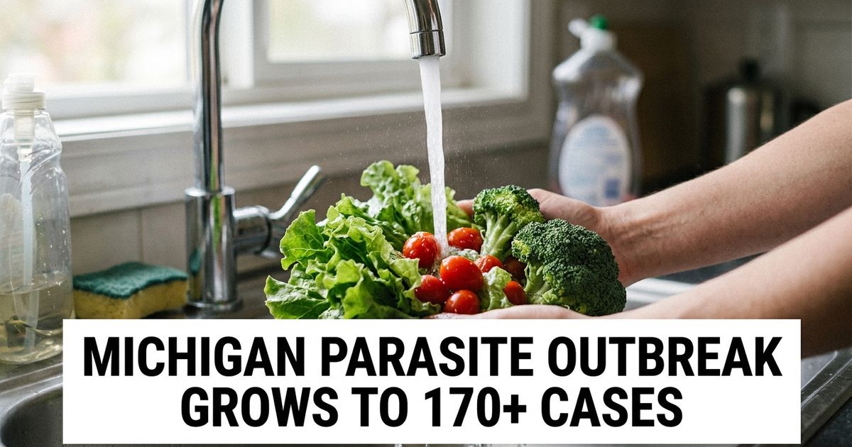 Fresh produce being rinsed under running water, representing food-safety guidance during the Michigan cyclosporiasis outbreak