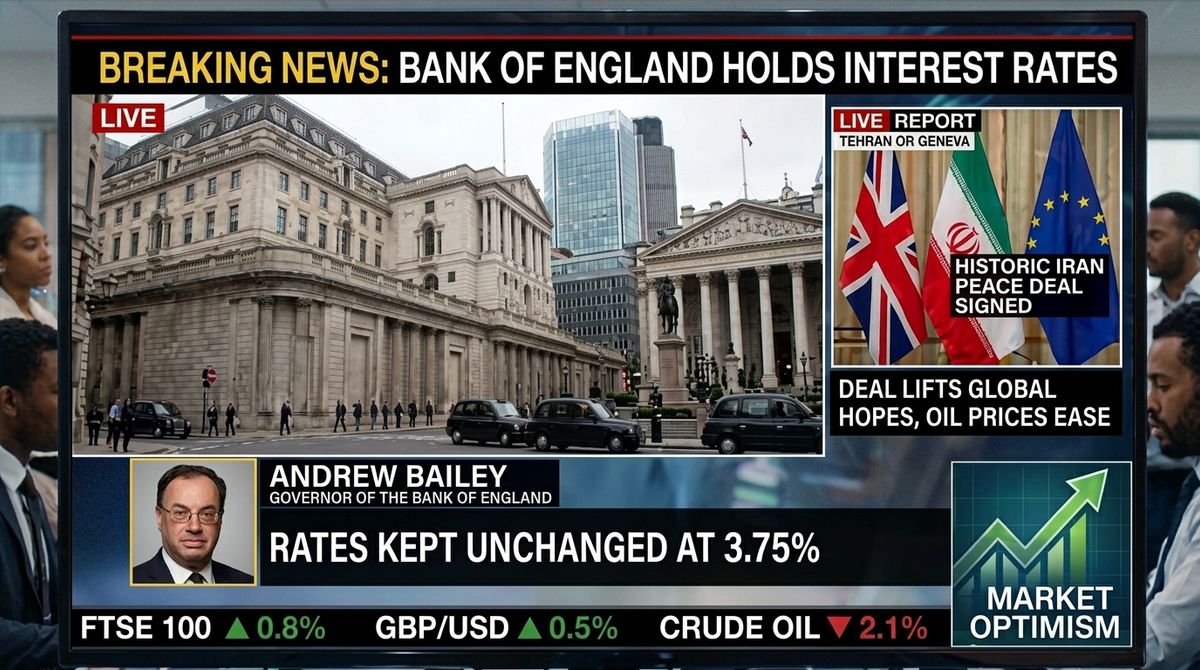 The Bank of England holds its main interest rate at 3.75% on June 18 2026 as the US-Iran peace deal eases inflation fears tied to the four-month war.