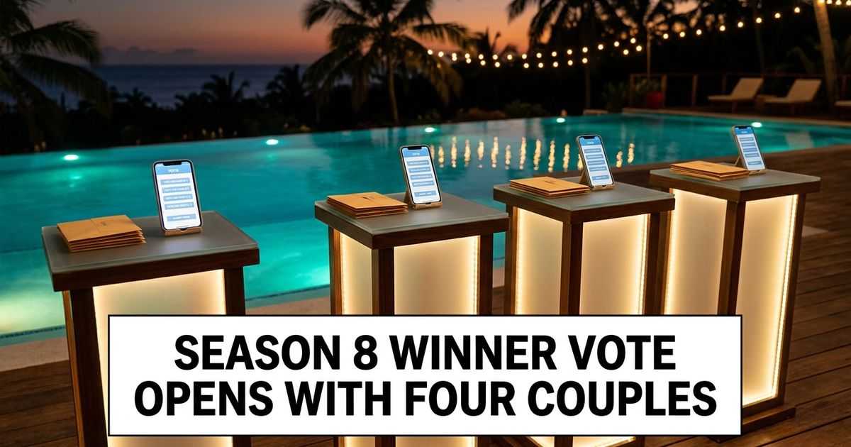 Love Island USA Season 8 final four represented by four villa podiums, voting cards and poolside lights.