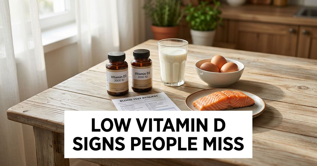 Vitamin D deficiency symptoms shown through supplements, food sources and a blood test form in a health flat lay.