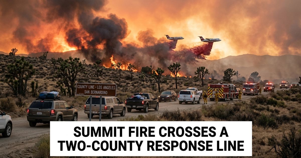 Summit Fire burning high-desert vegetation near Llano as firefighters and evacuees move across the Los Angeles–San Bernardino county line.