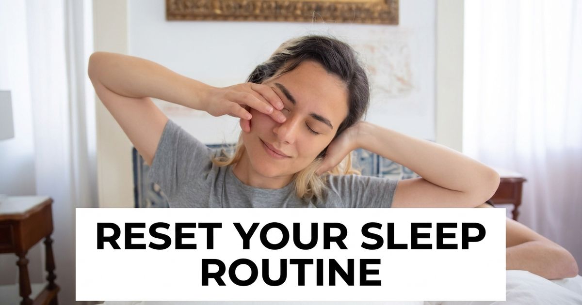 How to fix sleep schedule shown through a bedroom alarm clock, sleep journal and phone placed away from the bed.