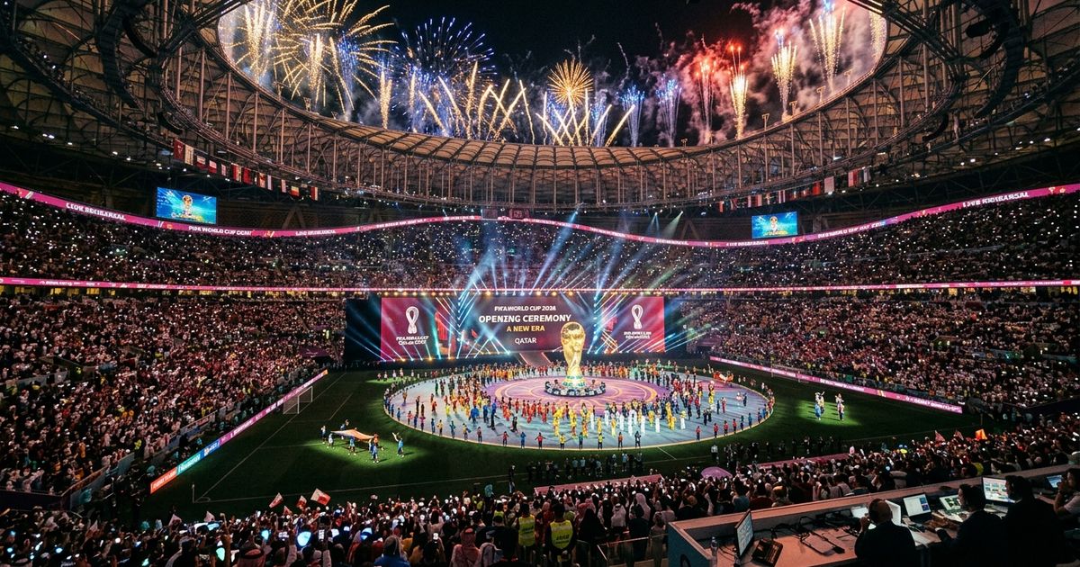World Cup 2026 opening ceremony preparations inside a packed stadium.