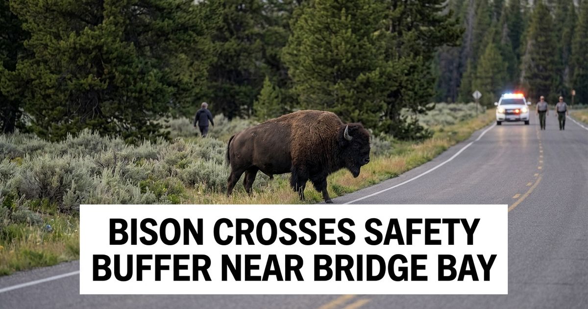 Yellowstone bison attack near Bridge Bay represented by a bull bison approaching a visitor using trees for cover.
