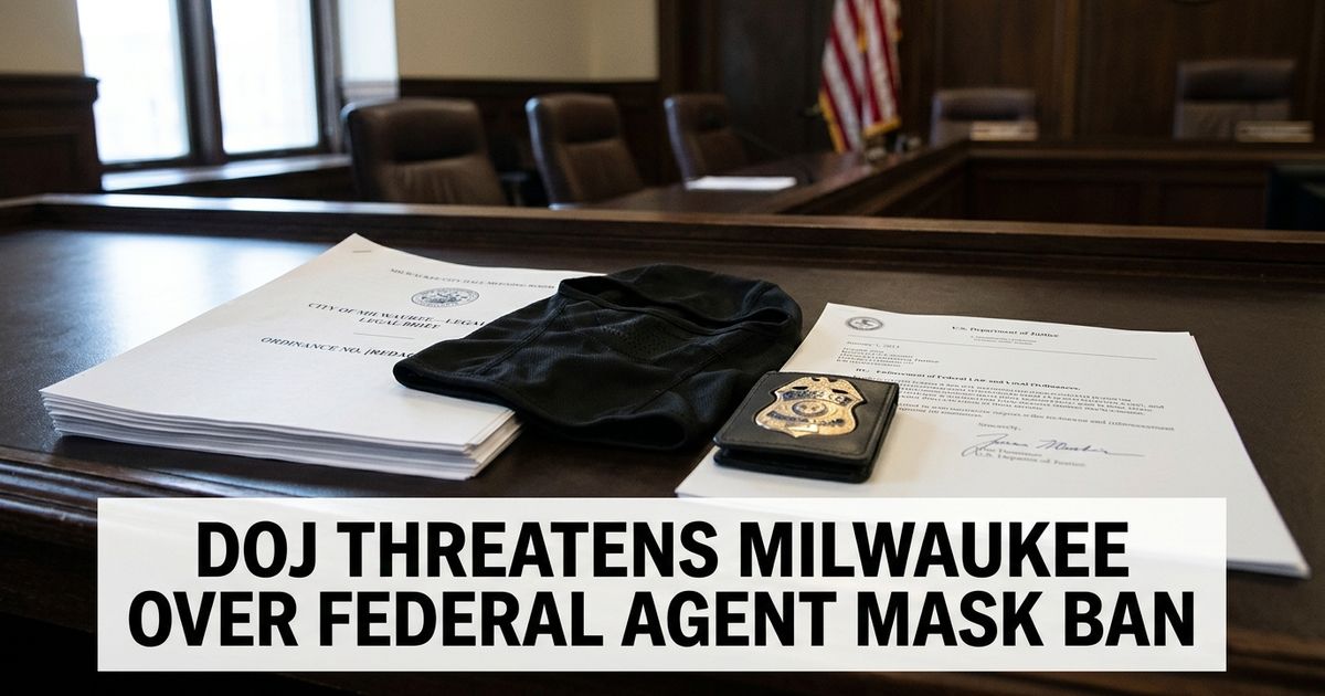 Milwaukee federal agent mask-ban dispute represented by city ordinance papers, badge, tactical mask and Justice Department letter.