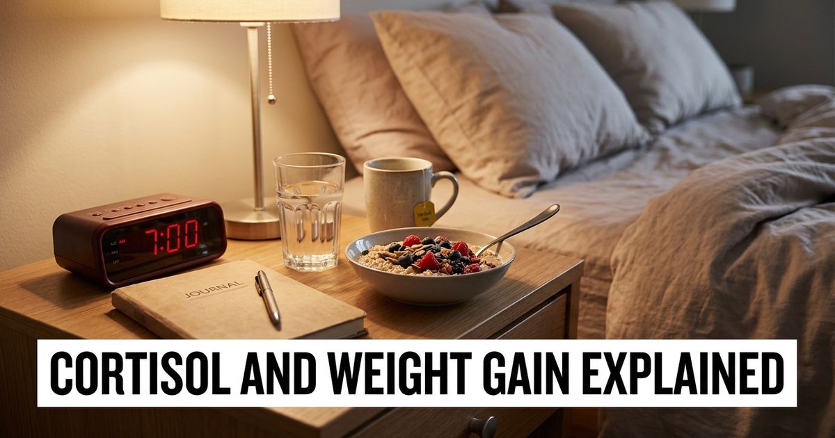Alarm clock, stress journal, water, tea and healthy meal bowl showing cortisol and weight-gain habits.