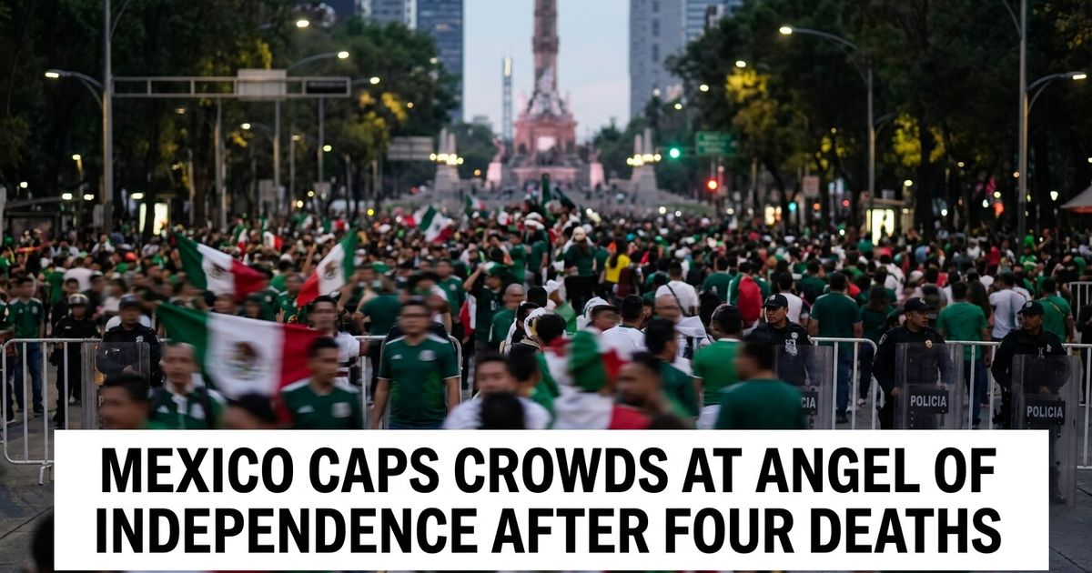 Crowd of soccer fans near a monument representing Mexico City's tightened World Cup security