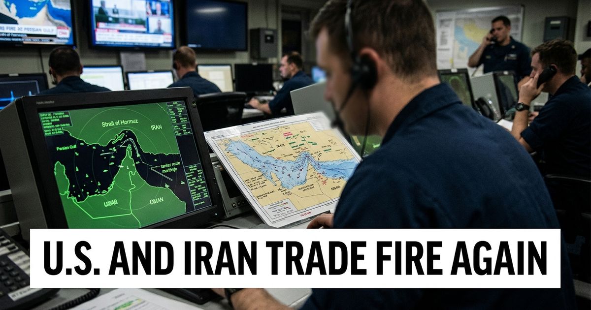 Gulf maritime operations room showing Strait of Hormuz maps, tanker routes and military radar screens.