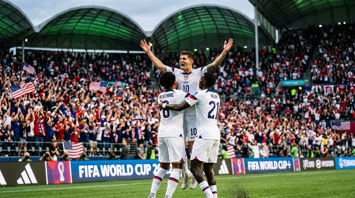 The USA celebrates Alex Freeman's header as they beat Australia 2-0 at Lumen Field in Seattle to clinch a Round of 32 spot at the 2026 World Cup.