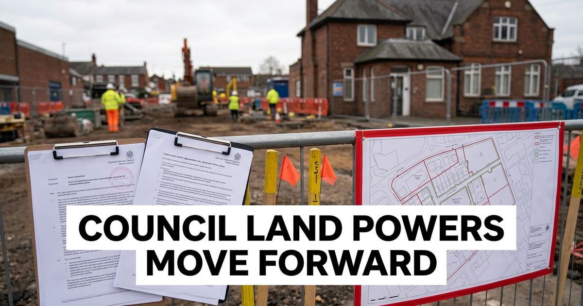 Stockport Exchange CPO article image showing council land documents and a town-centre regeneration site.