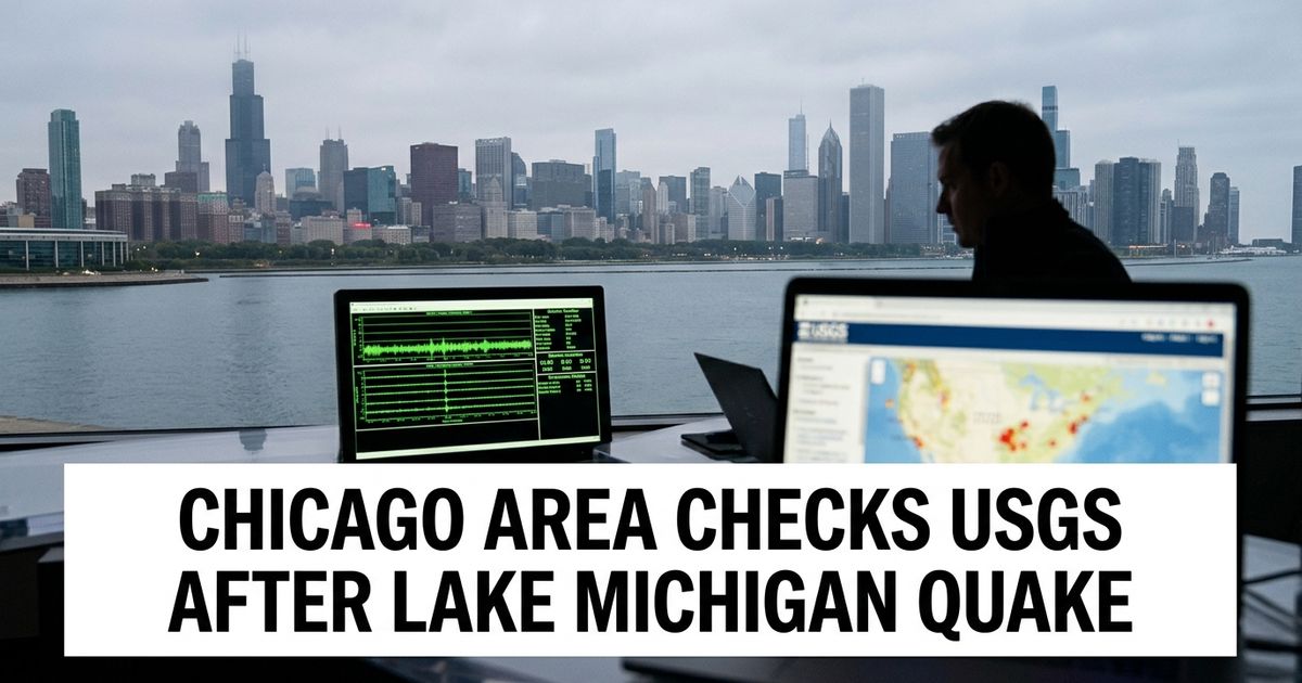 Chicago skyline across Lake Michigan with a seismic monitor screen.
