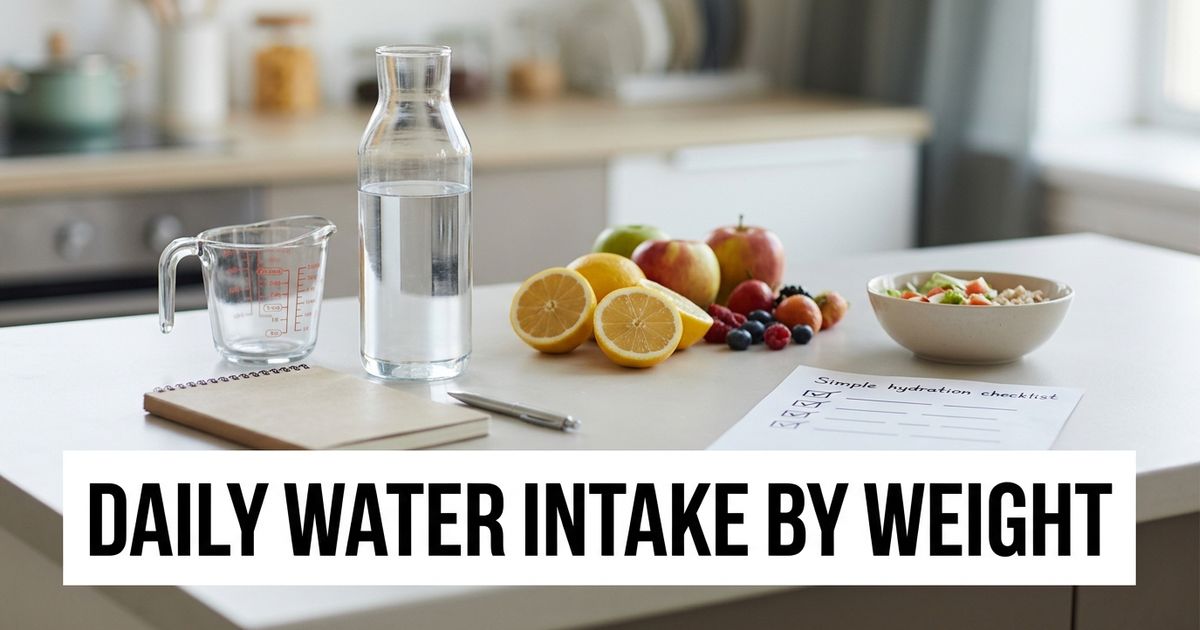 Water bottle, measuring cup, fruit and hydration checklist arranged on a kitchen counter.
