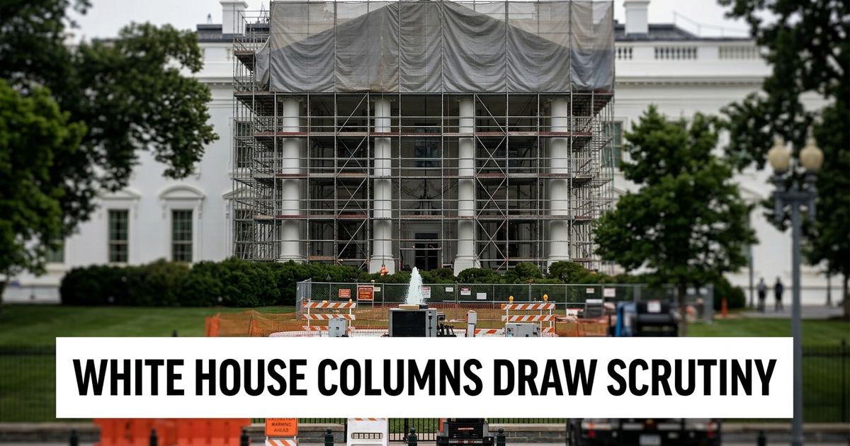 White House North Portico with scaffolding, restoration tarp and historic columns partly visible.