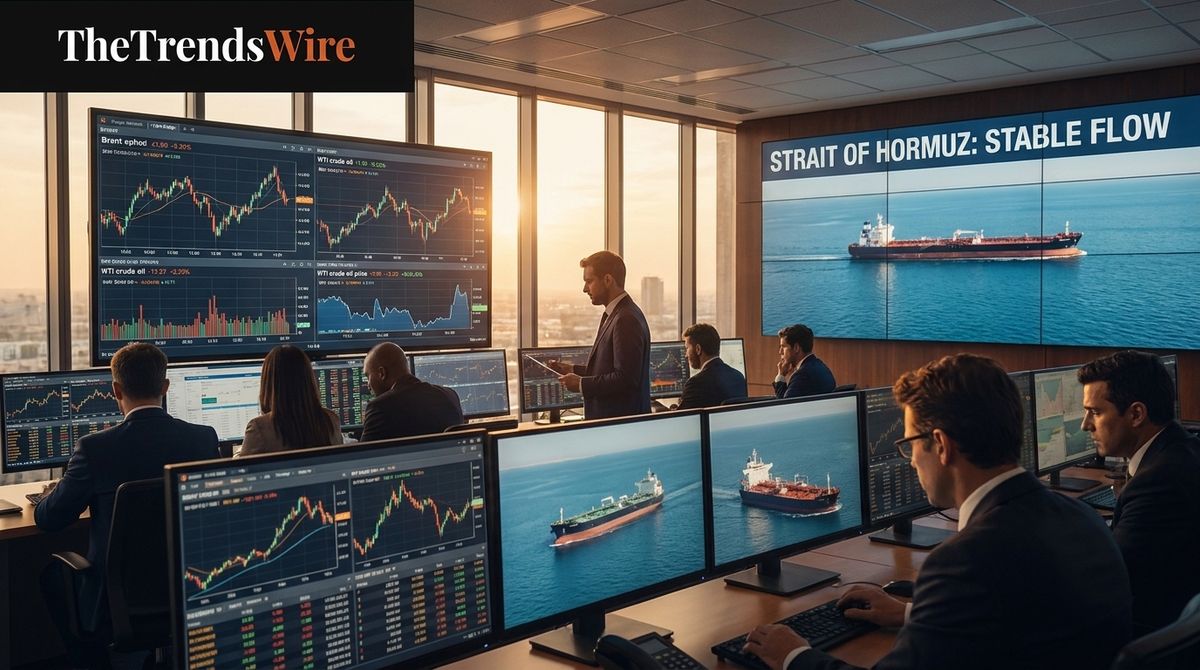 Oil traders monitor crude prices as shipping conditions near the Strait of Hormuz improve.