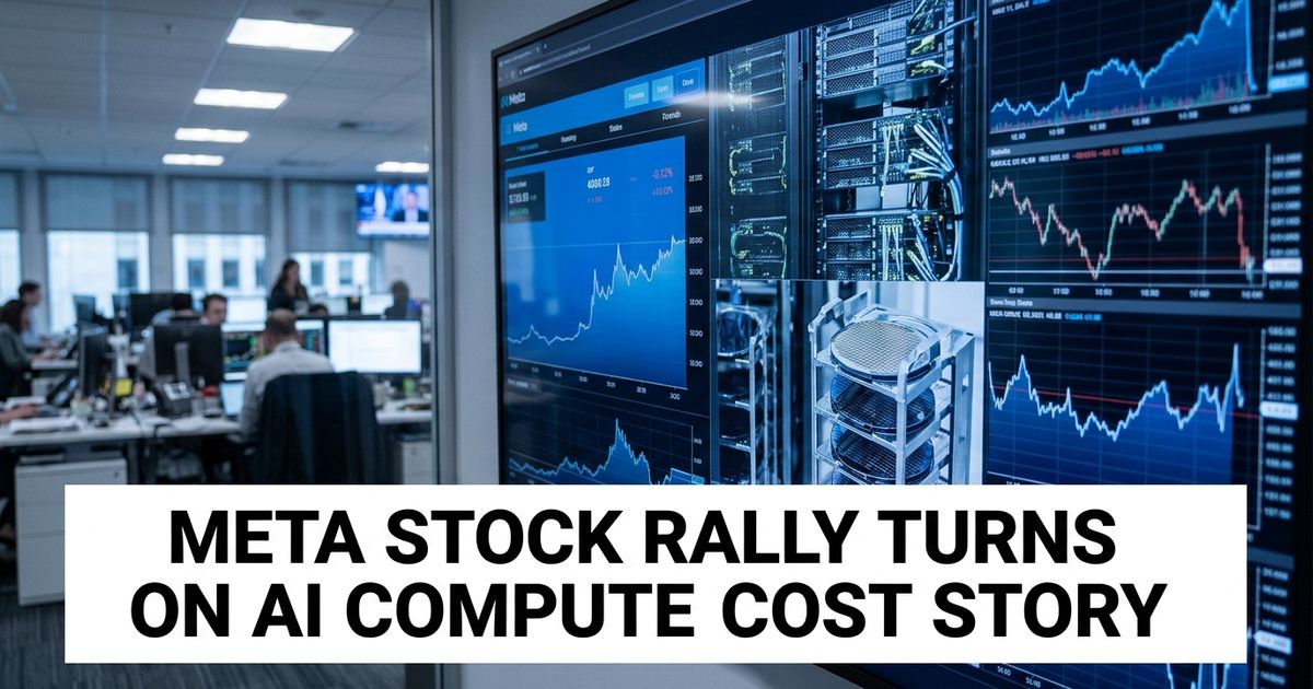 Meta-style stock chart reflected over AI server racks and semiconductor wafers.