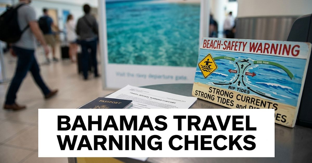 Passport and printed Bahamas travel advisory beside a beach safety warning sign at an airport gate.