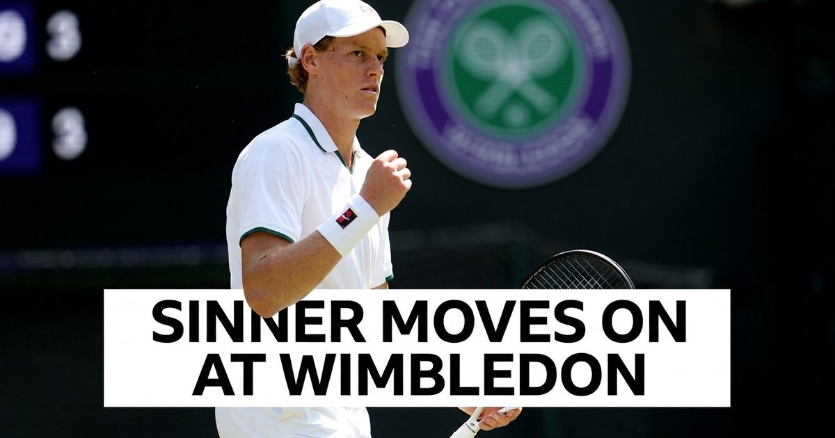 Jannik Sinner advances at Wimbledon after beating Shintaro Mochizuki in straight sets.