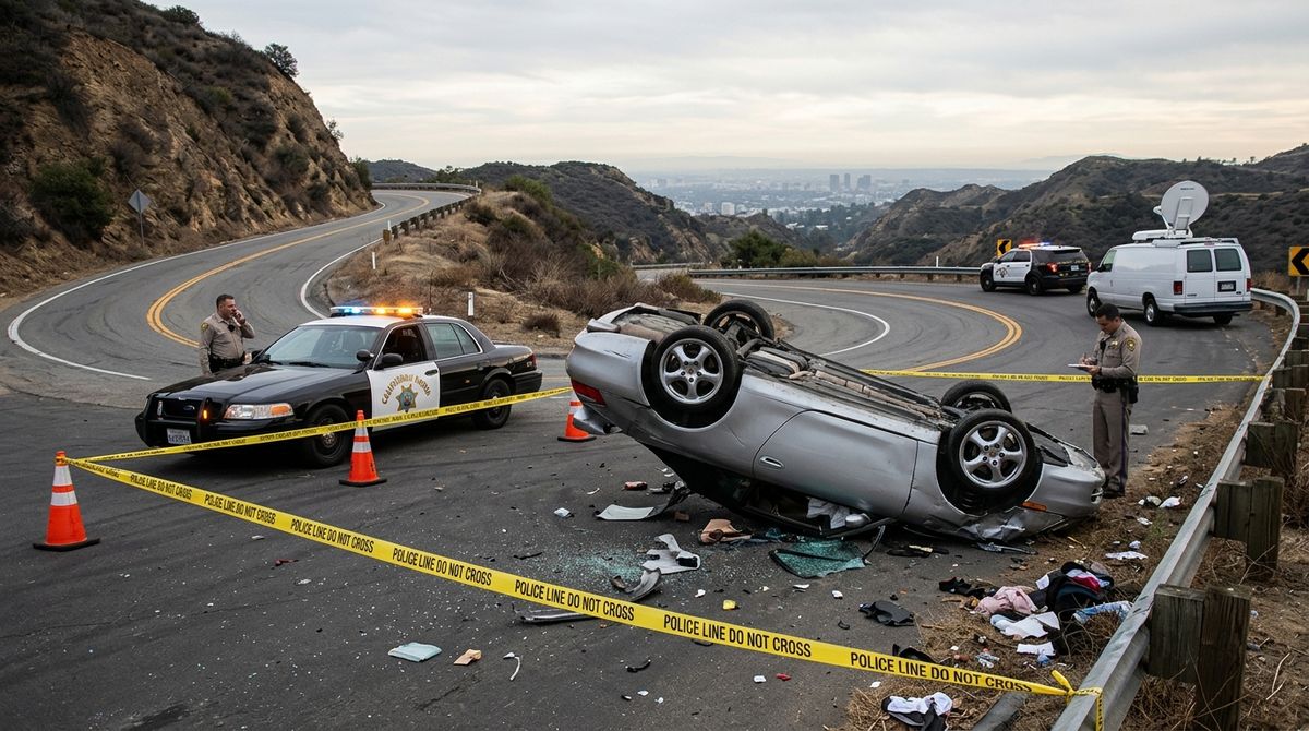 WEBSITE IMAGE PROMPT (16:9): TheTrendsWire-Style wrecked Porsche convertible upside down on Mulholland Highway with police tape, 16:9