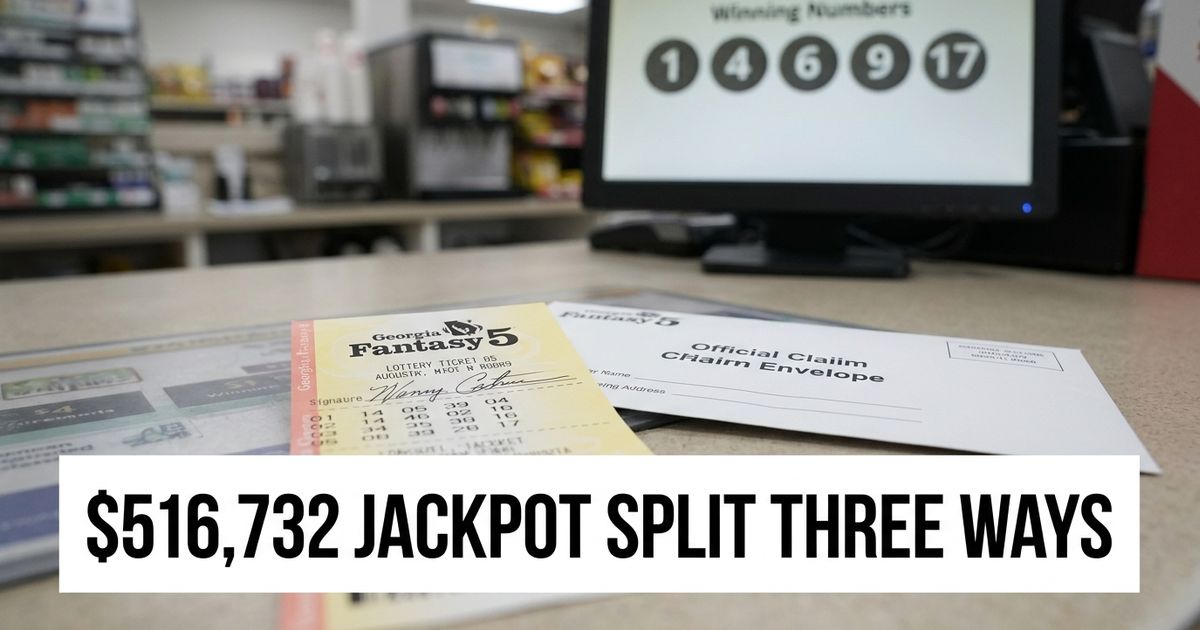 Augusta Fantasy 5 winning ticket beside Georgia Lottery claim paperwork after a three-way jackpot split.