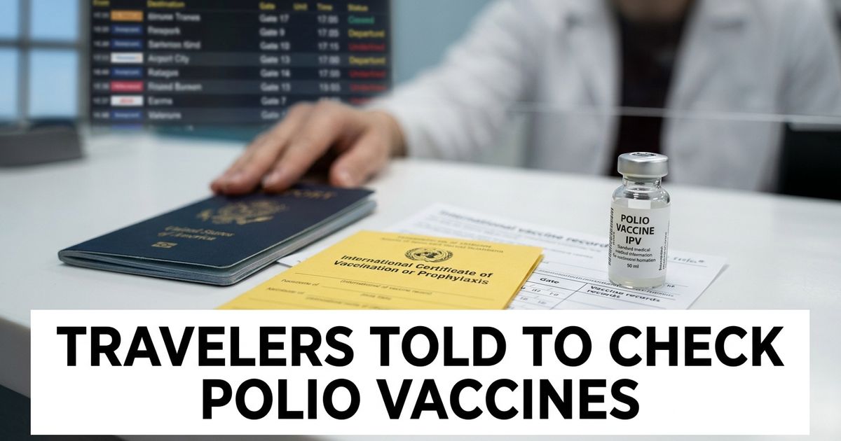 Travel clinic counter with polio vaccine records, a passport and an international vaccination card.