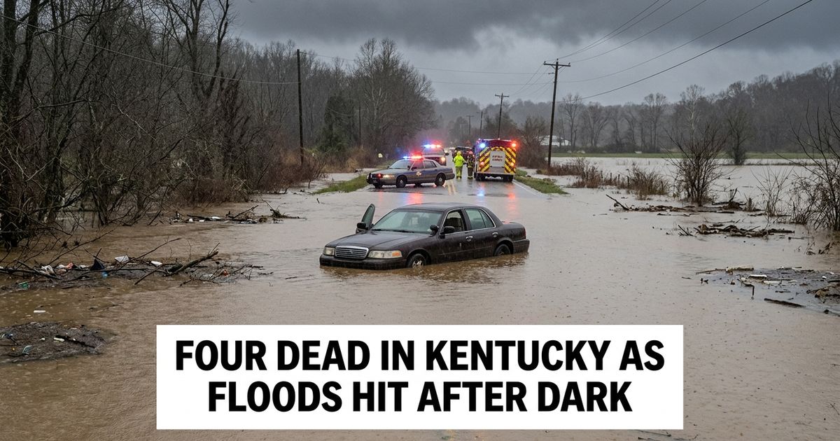 Floodwaters inundate roads in Richmond, Kentucky on June 27, 2026, where at least four people were killed and search and rescue teams performed dozens of water rescues as Governor Andy Beshear declared a state of emergency.